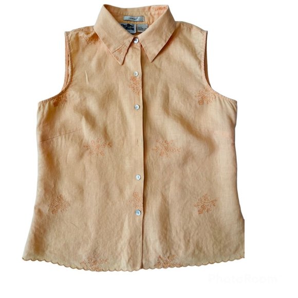 Edward Tops - Edward Embroidered Irish Linen Sleeveless Button-Up Shirt Size Medium Women's